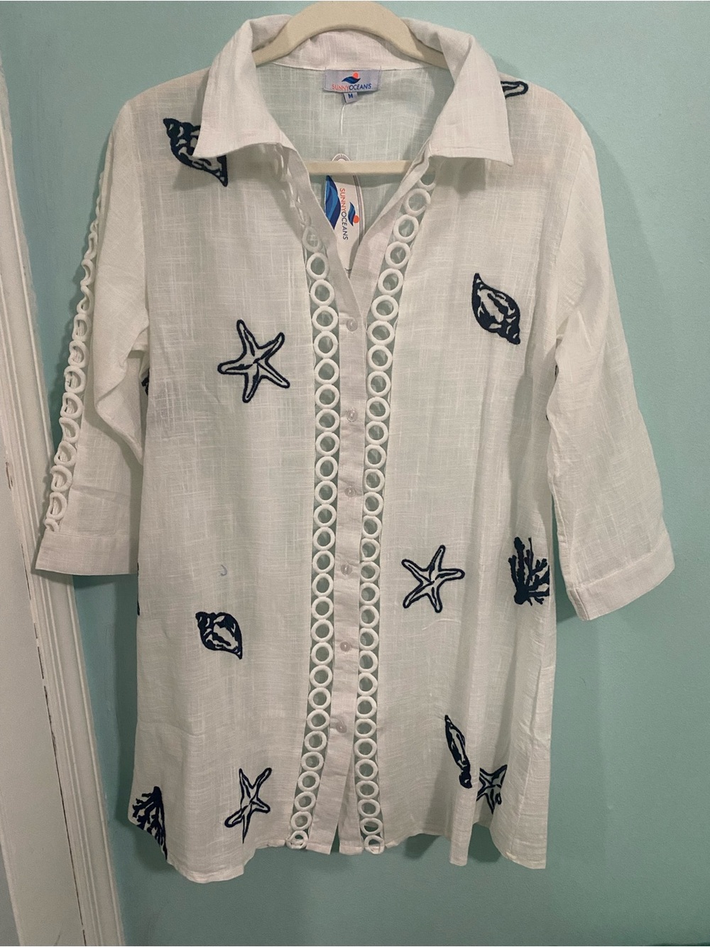 White Embroidered Coastal Shell Tunic with Ring Trim